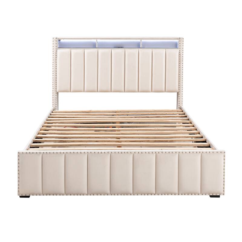 Modern Beige Solid Wood Bed Frame with Open Compartments