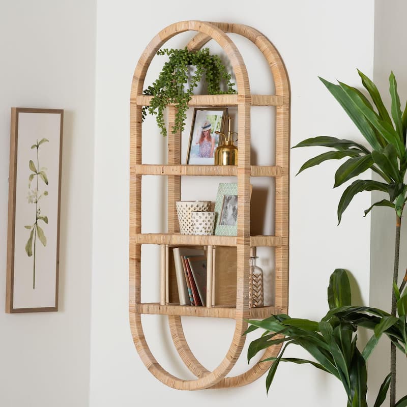Labonita Natural Rattan Wall Shelf - 3-Tier Wall-Mounted Display Unit with Arching Frame for Entryway, Living Room, or Bathroom