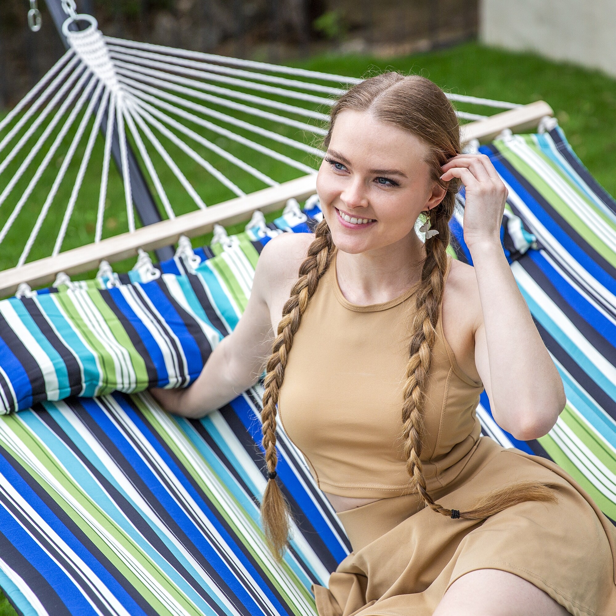 Outdoor Portable Double Hammock with Stand Pillow Max 475 lbs Capacity 147.6 55.1 47.6 Green Blue