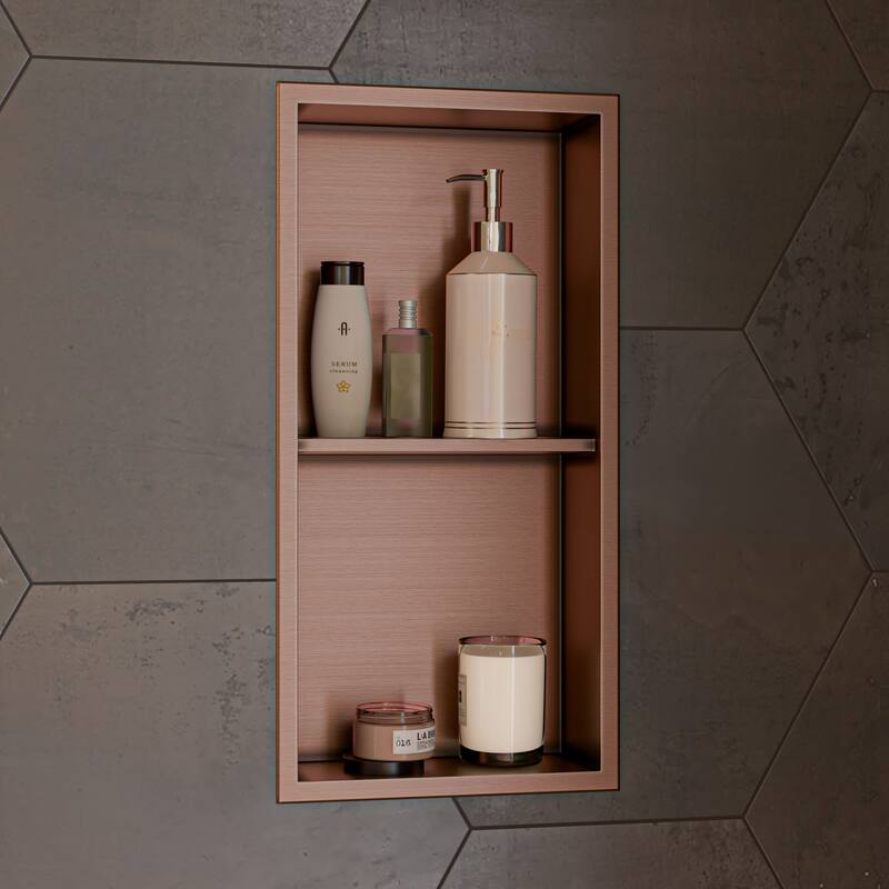 ALFI brand 12" x 24" Brushed Copper PVD Stainless Steel Vertical Double Shelf Shower Niche - Mahogany