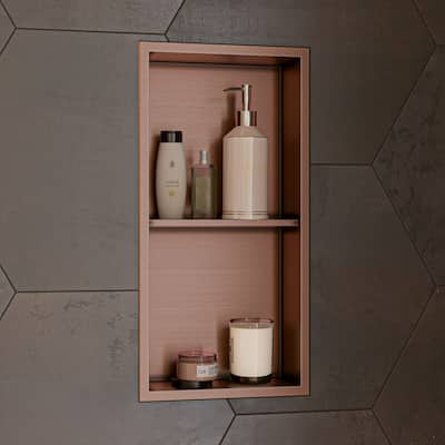 ALFI brand 12" x 24" Brushed Copper PVD Stainless Steel Vertical Double Shelf Shower Niche - Mahogany