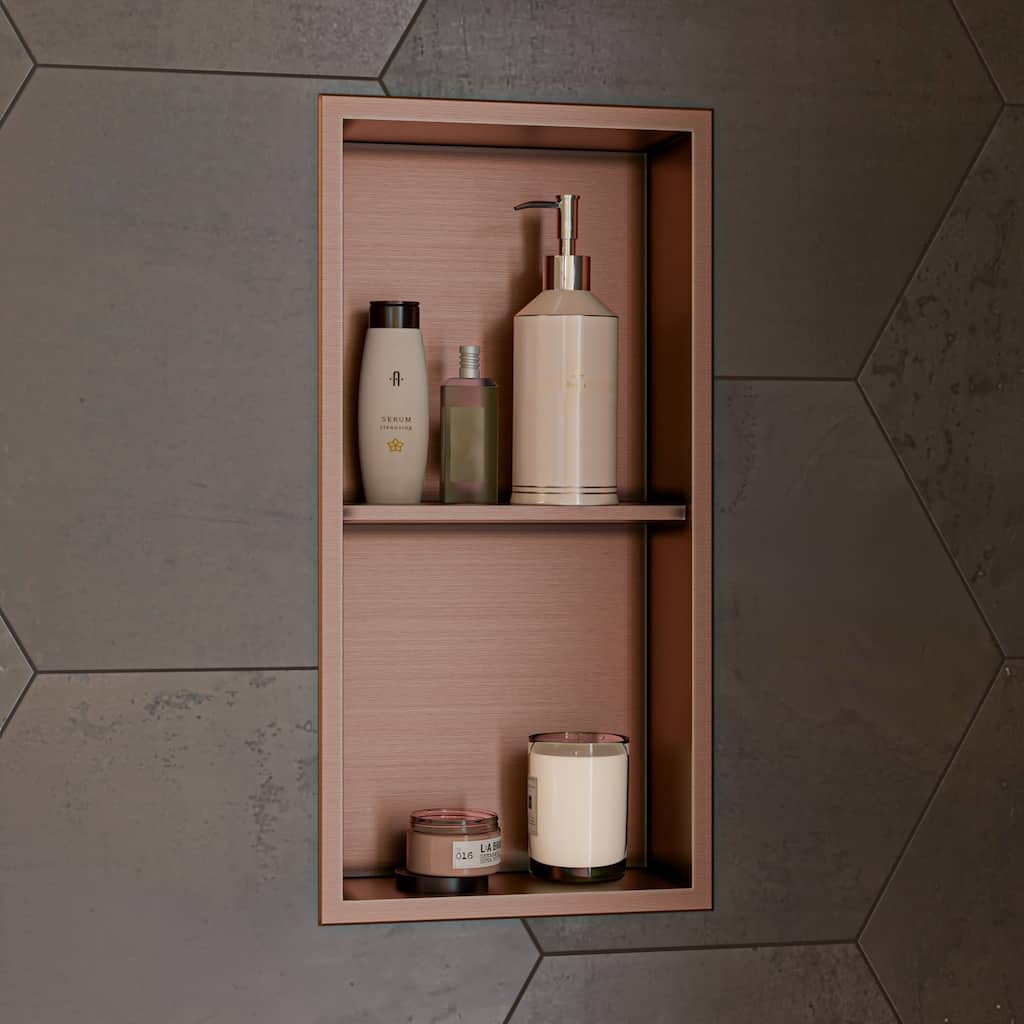 ALFI brand 12" x 24" Brushed Copper PVD Stainless Steel Vertical Double Shelf Shower Niche - Mahogany
