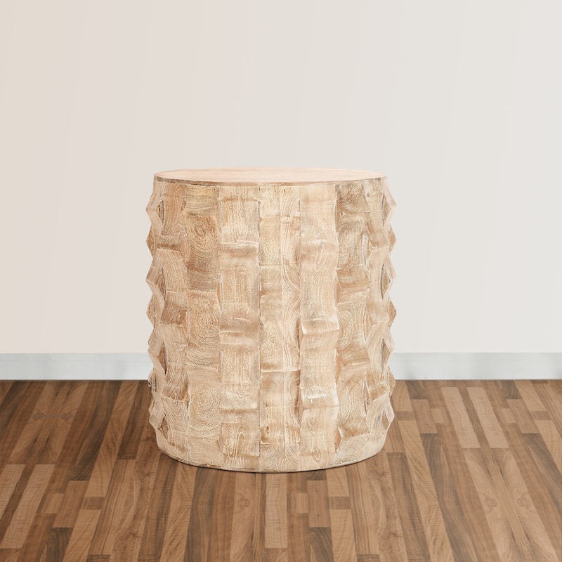 20 Inch Side End Table, Round Drum Shape with 3D Textured Design, Distressed White Finish
