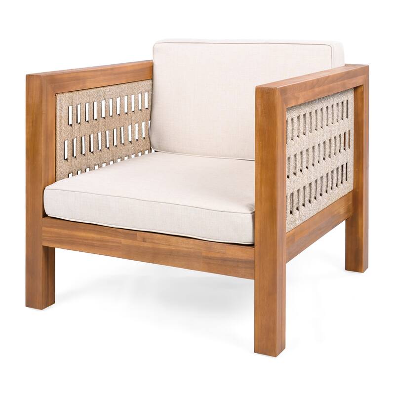 Beige Teak Outdoor Club Chair Upholstered Arm Chair with Wicker Armrest, Coffee Chair Reception Chair Side Chair