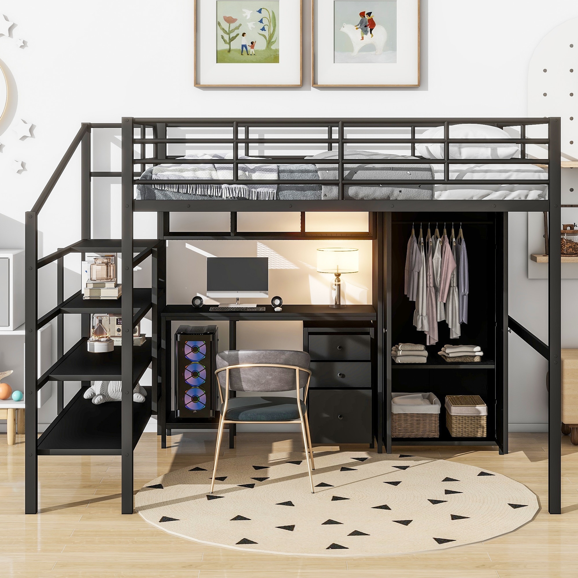 Black Metal Bed Frame, Full Size Loft Bed with Built-in Desk, Wardrobe and Storage Shelves for Children, Boys and Girls