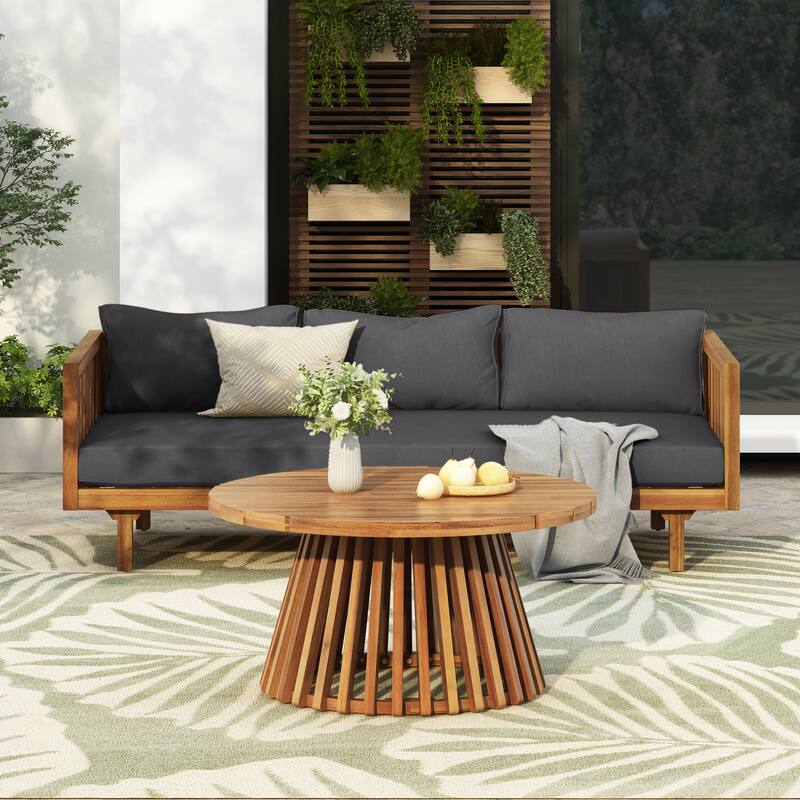 Roomfitters Acacia Wood Patio Set, 3-Seater Daybed with Water-Resistant Cushions & Round Coffee Table - Dark Grey,Teak