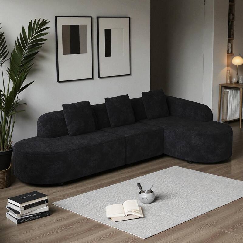 111.8" Curved L-Shaped Modular Sofa with Lychee-Textured Long-Pile Polyester Fabric and 3 Pillows for Living Room - Black