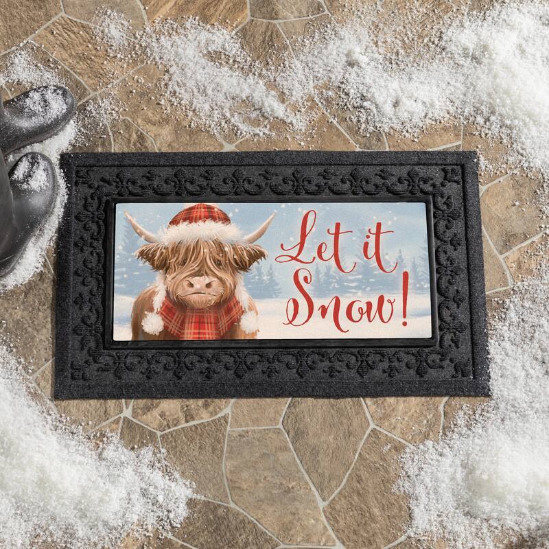 Holiday Highland Cow Flocked Coir Sassafras Mat - "Let It Snow" - 22" x 10"