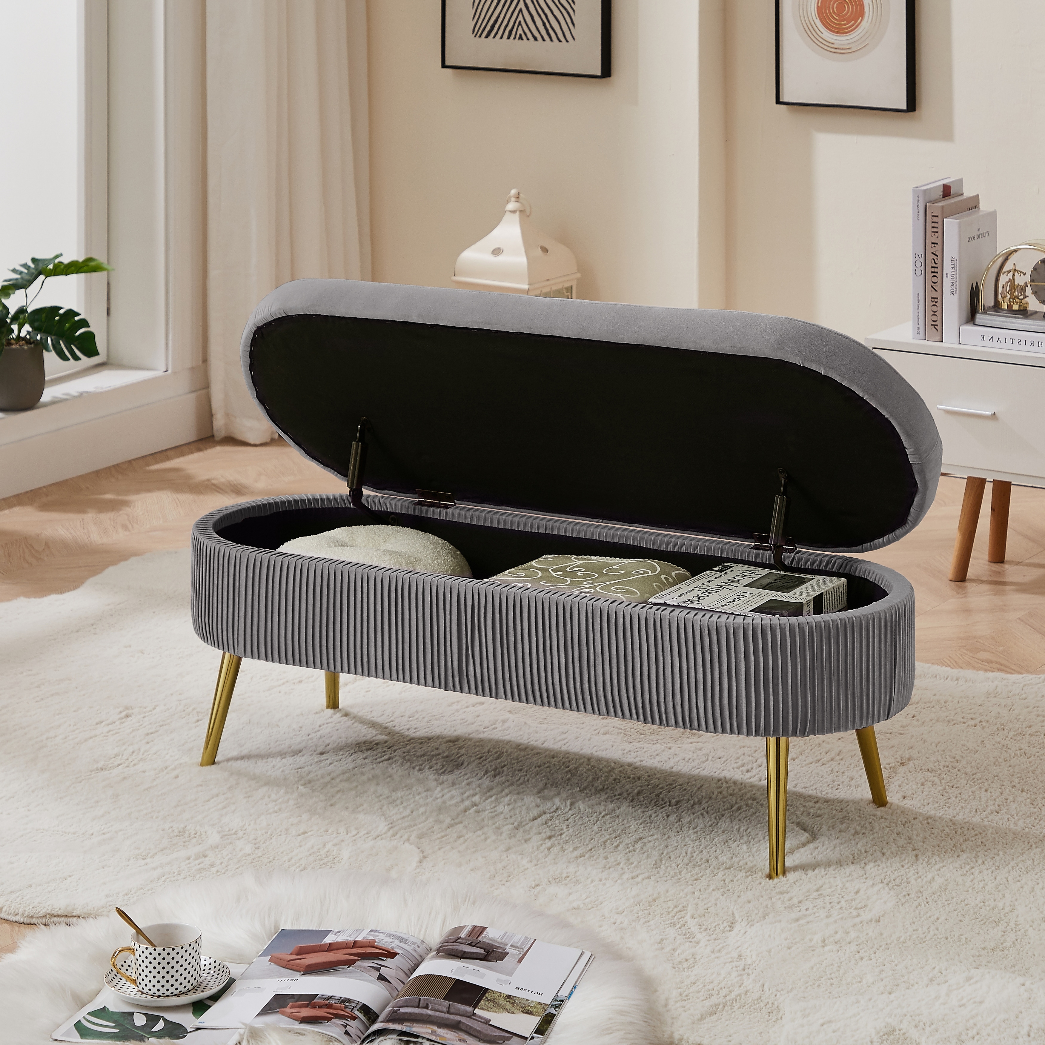 Oval Storage Ottoman Bench Velvet Suit Soft Mat Tufted Bench Grey
