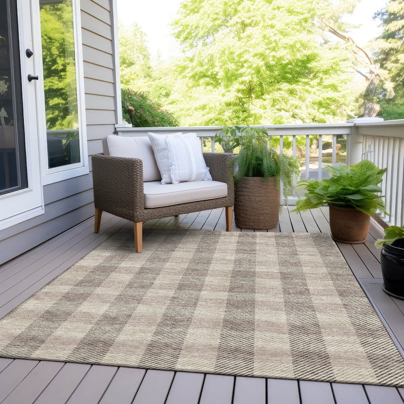 Machine Washable Indoor/ Outdoor Chantille Plaid Stripe Rug - Beige - 8' x 10'