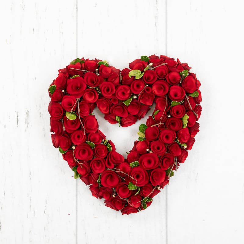 Wooden Roses Floral Artificial Valentine's Day Heart Wreath - 13.5" - Red