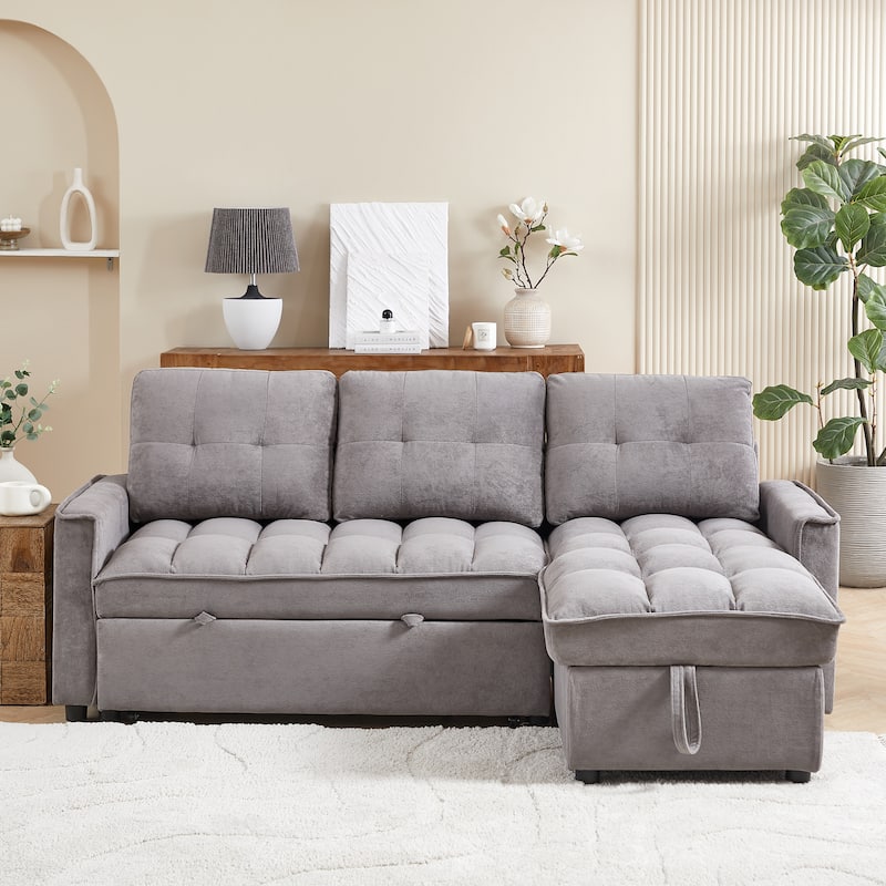 Modern Chenille L-Shaped Convertible Sofa Bed with Storage, USB and Type-C Charging Ports for Living Room