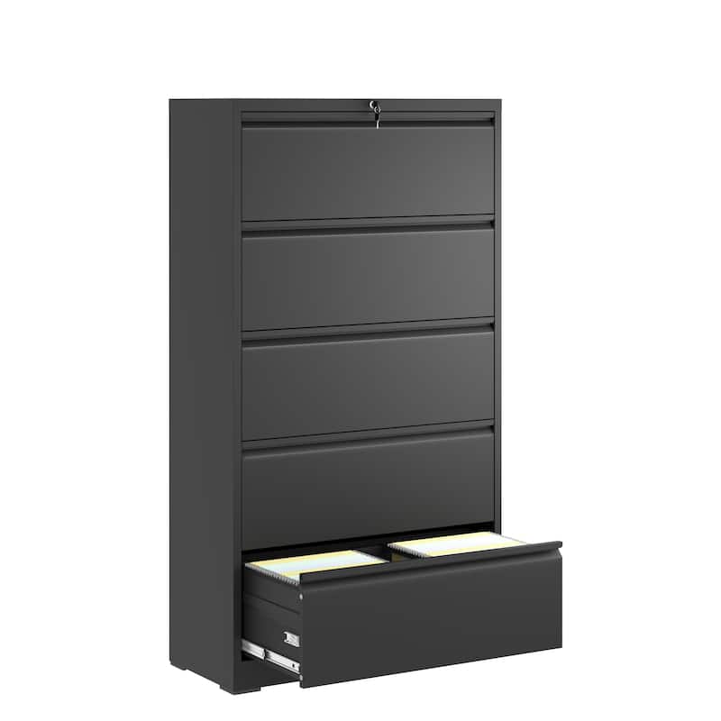 Modern File Cabinet Lateral File Cabinet Metal File Cabinet with 5 Drawers and Locks, for Home Offices, Black - Black