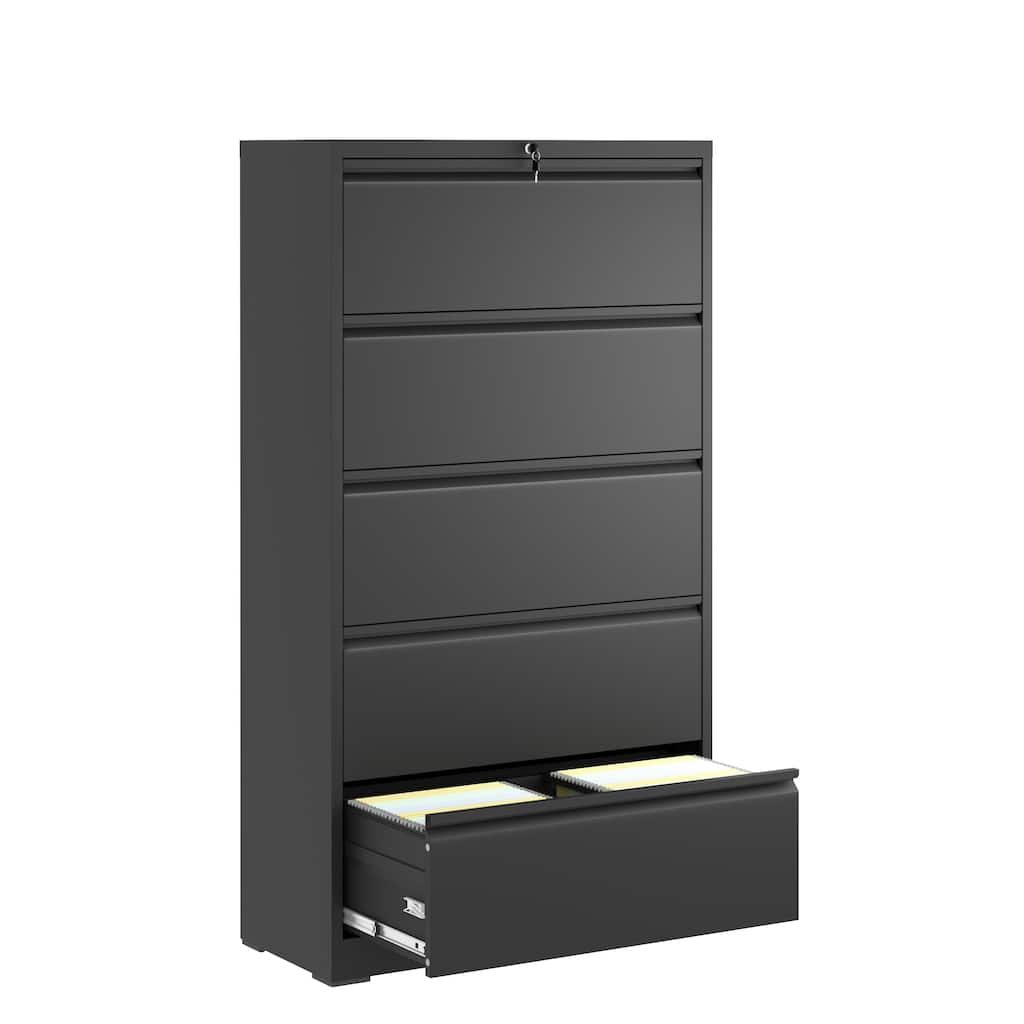Modern File Cabinet Lateral File Cabinet Metal File Cabinet with 5 Drawers and Locks, for Home Offices, Black