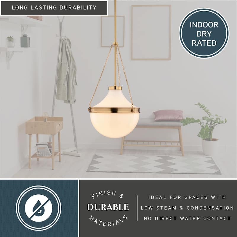 VAXCEL Lincoln 1-Light 12.75 in. Wide Globe Mini Pendant with White Milk Glass Shade, Adj Height Hanging Ceiling Fixture