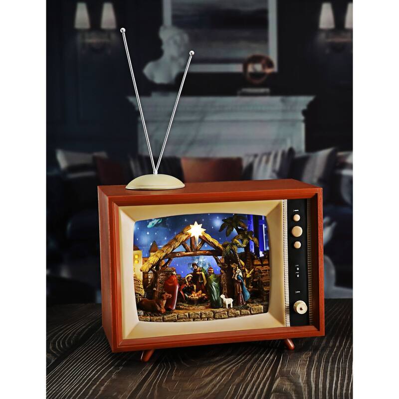 LED Cascading Snow Screen Nativity in Retro Christmas TV Decoration - 15.5" - Set of 2