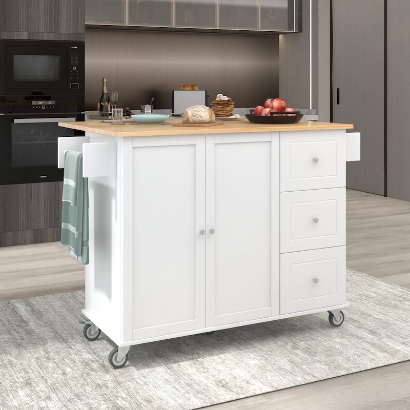 Rolling Mobile Kitchen Island with Drop Leaf - Solid Wood Top, Locking Wheels & Storage Cabinet 52.7 Inch Width - White