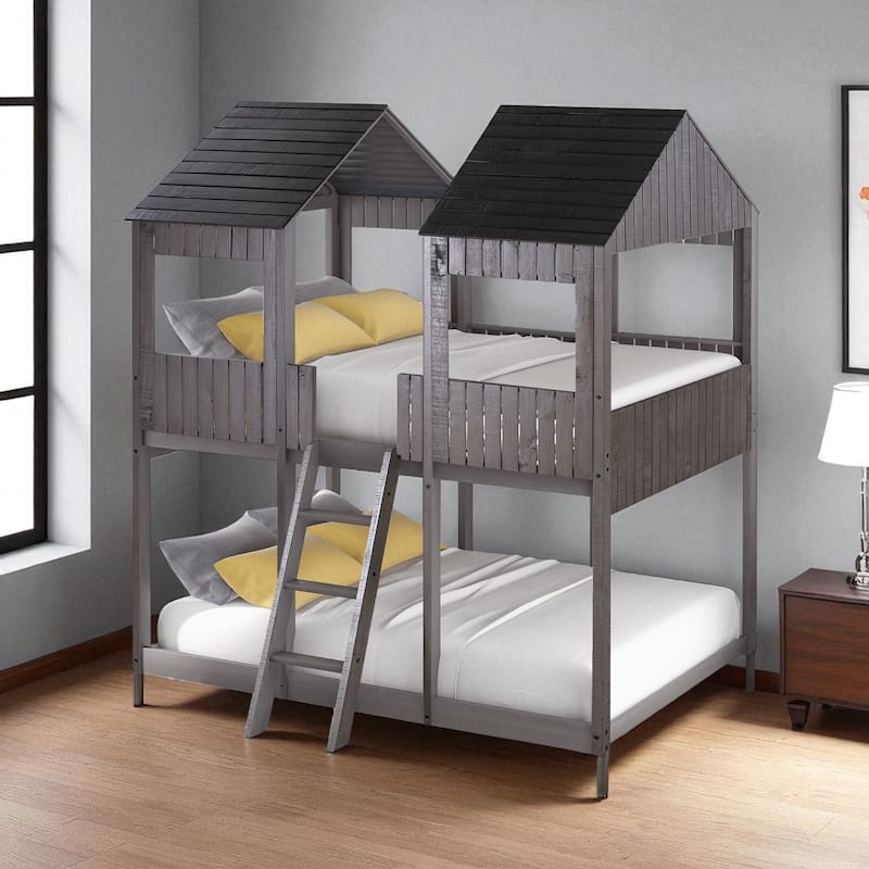 Full Over Full Wood Bunk Bed with Roof and Window, Guardrails and Ladder, House Style Frame for Kids