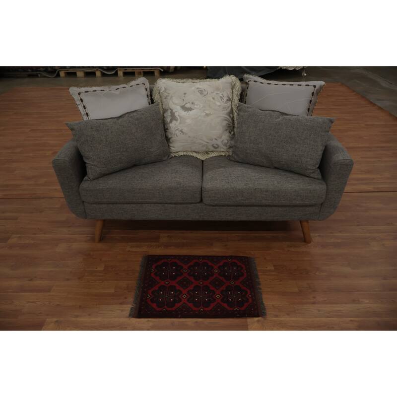 Hand Knotted Oriental 100% Wool Carpet Traditional Geometric Red Balouch Area Rug - 2' 1'' X 1' 6''