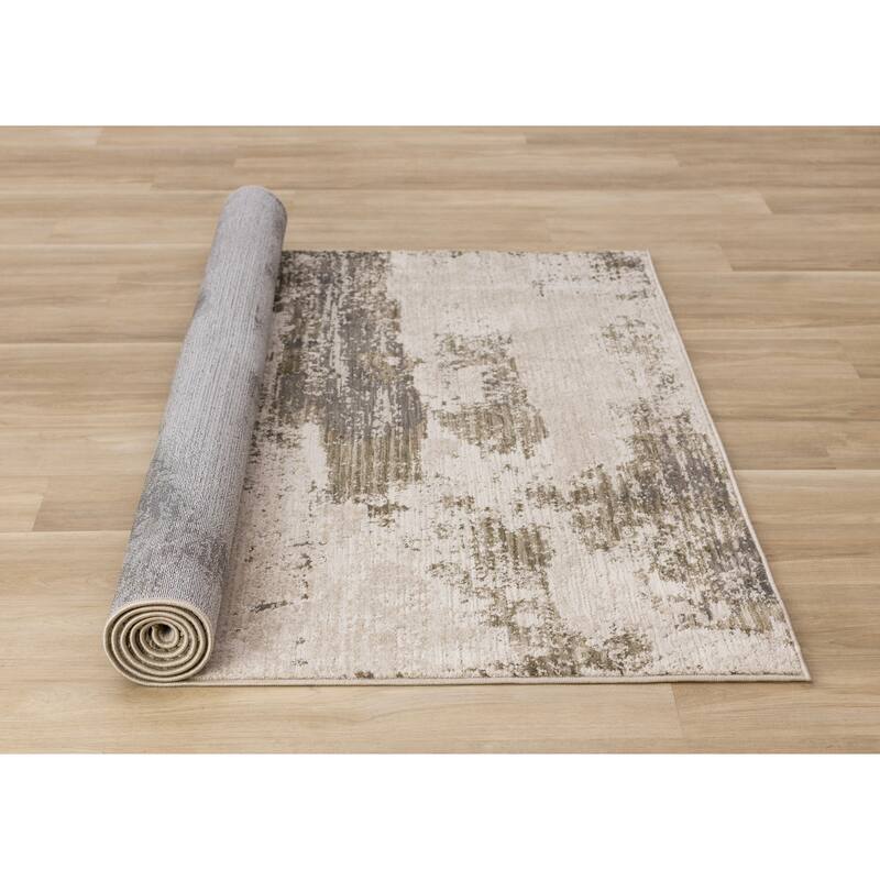 White Green Grey Distressed Textured High-Traffic Rug
