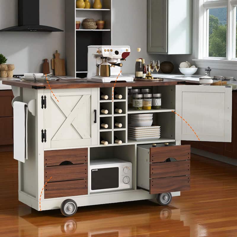 54" Farmhouse Kitchen Island with Drop Leaf, Power Outlet, Storage Cabinets, Drawers, and Rolling Wheels