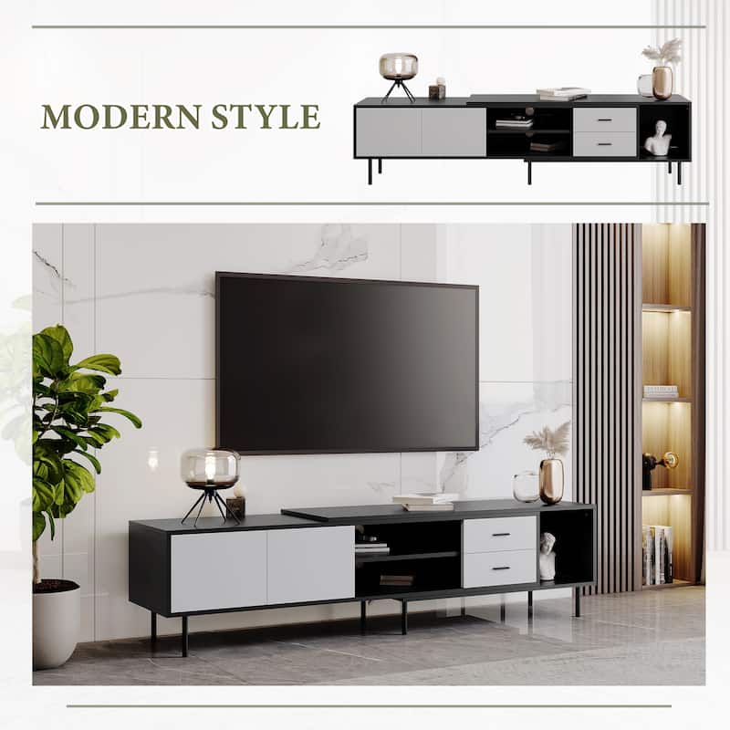 Black+Grey 70.8" TV Stand with 2 Doors & Large Cabinet for TVs Up to 80"
