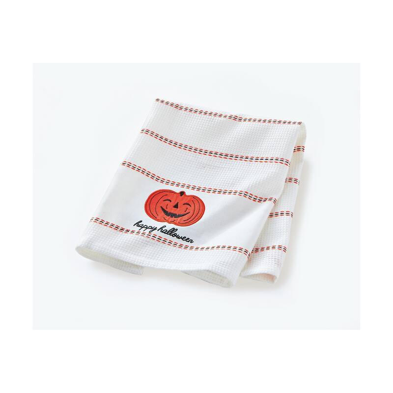 Happy Halloween White & Orange Jack O' Lantern Pumpkin 100% Cotton Waffle Weave Dishtowel Set Of 2