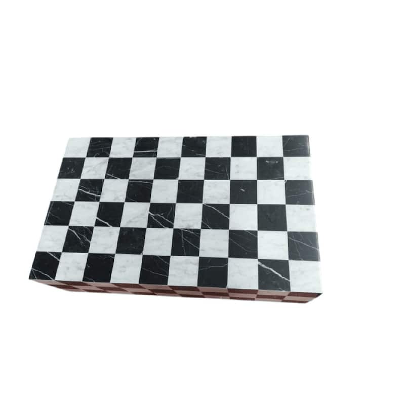 Genuine Marble Block Coffee Table - Black / Carrara Checkered Marble
