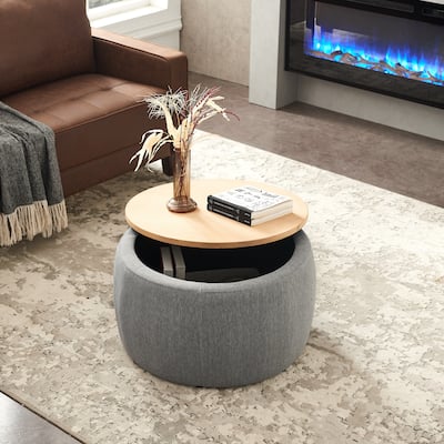 Round Storage Ottoman, 2 in 1 Function, Work as End table and Ottoman, Dark Grey (25.5"x25.5"x14.5")