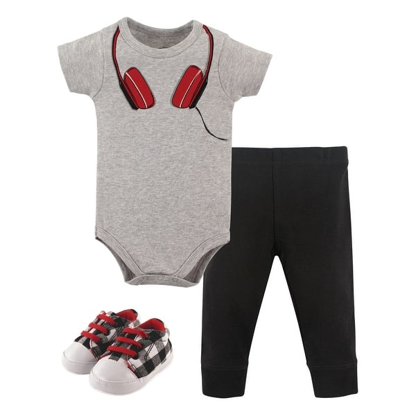 slide 1 of 1, Little Treasure Baby Boy Cotton Bodysuit, Pant and Shoe 3pc Set, Headphones 0-3 Months - Headphones Short-Sleeve