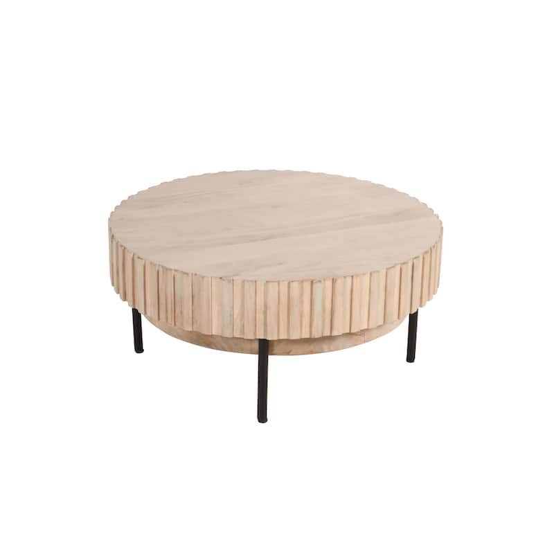 36 Inch Modern Handcrafted Round Coffee Table, Oak White Wood Top with Grooved Edges, Black Iron Legs