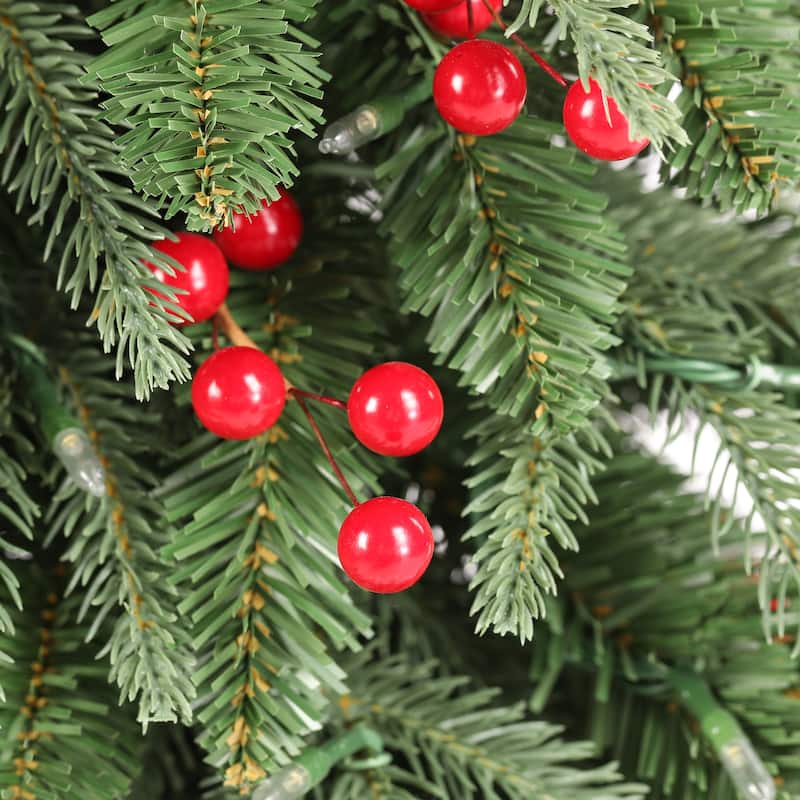 Glitzhome 4ft/6ft/7ft Pre-lit Green Artificial Christmas Porch Tree with Red Berries,Pinecones and 100 Warm White Lights