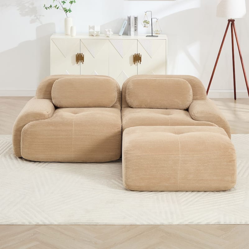 Rossetta 82'' Simplified Anti-Slip Style L-shaped Premium Corduroy Fabric Modular Loveseat Sofa with Curved Armrests, 1 Ottoman - Camel