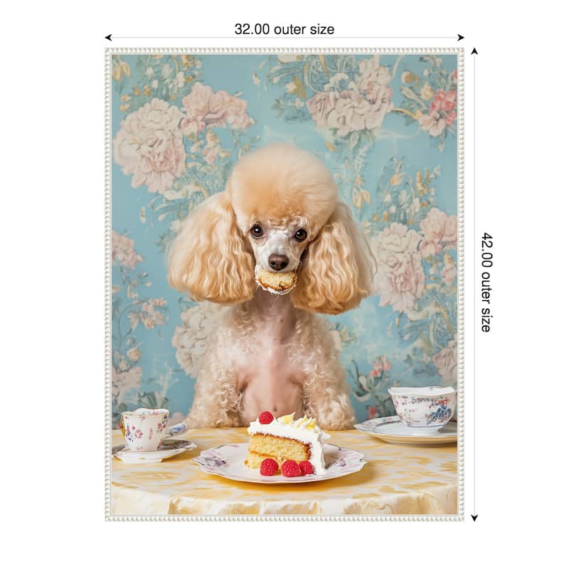 The Cake Loving Poodle by Mowzu Framed Canvas Wall Art - 32 x 42 in