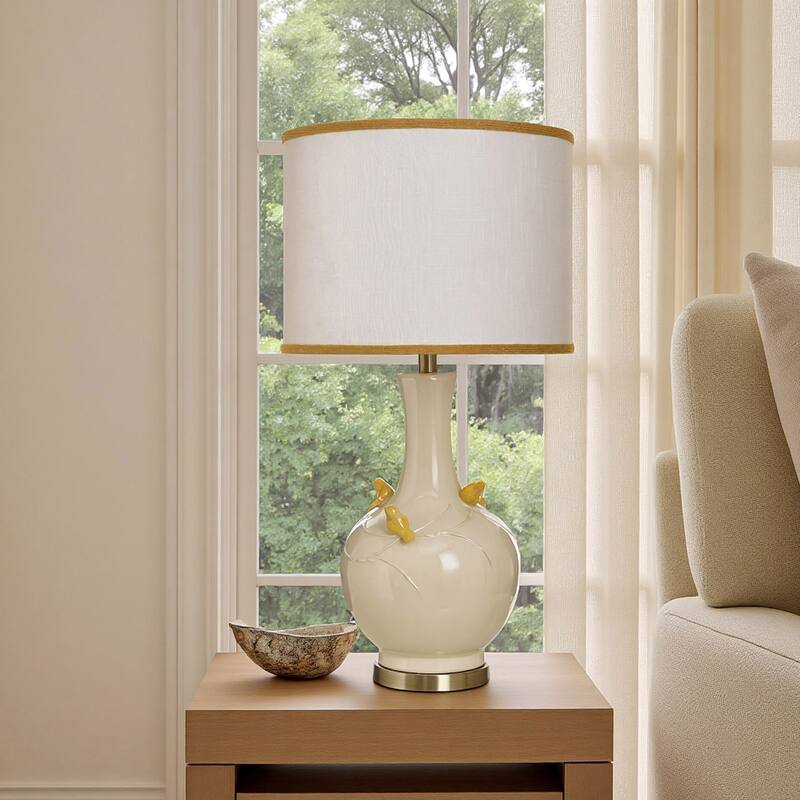 StyleCraft Ceramic Table Lamp - Solin Cream & Yellow - White Shade