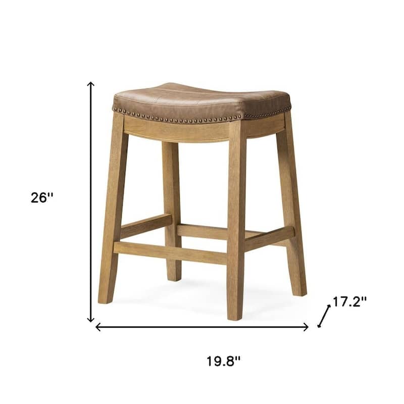 HomeRoots 26" Tan and Natural Faux Leather and Solid Wood Backless Counter Height Bar Chair