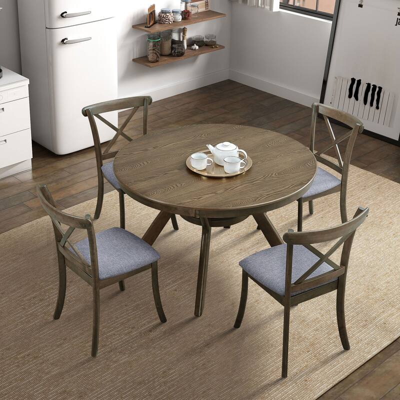 5 Pieces Set Mid-century Modern 47 in Round Rubber Wood Dining Table with Pedestal Base for 4-6 People - Oak - 1 Table + 4 Chairs Set