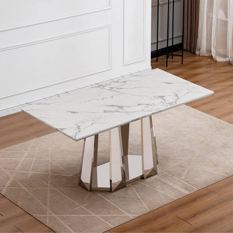 70'' Rectangle Faux Marble Dining Table with Mirrored Finish Stainless Steel Base - Silver+White