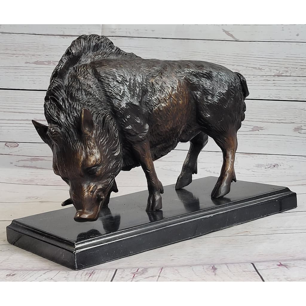 Wild Boar Pig Feral Hog Bronze Statue Sculpture Figure On Marble Base J. Moigniez