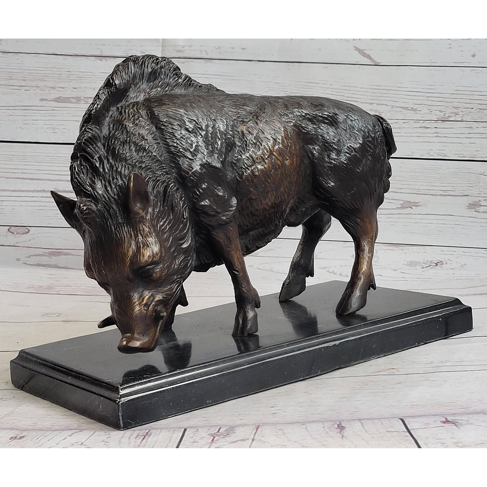 Wild Boar Pig Feral Hog Bronze Statue Sculpture Figure On Marble Base J. Moigniez
