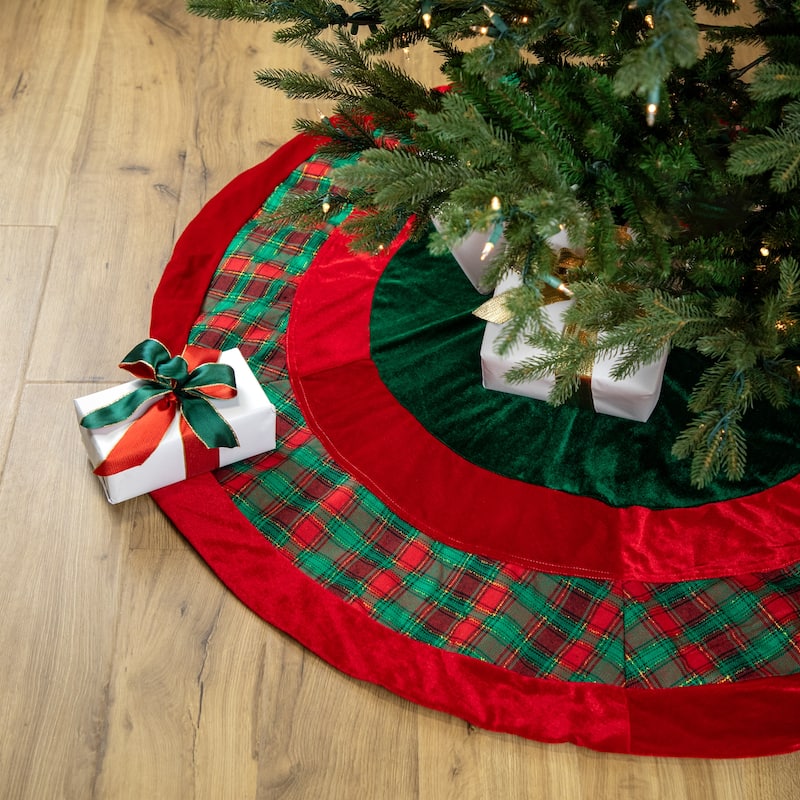 48" Red and Green Plaid Velveteen Christmas Tree Skirt