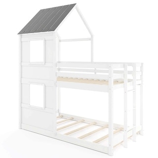 Costway House Bunk Bed Twin Over Twin with Built in Ladder Window & - See Details