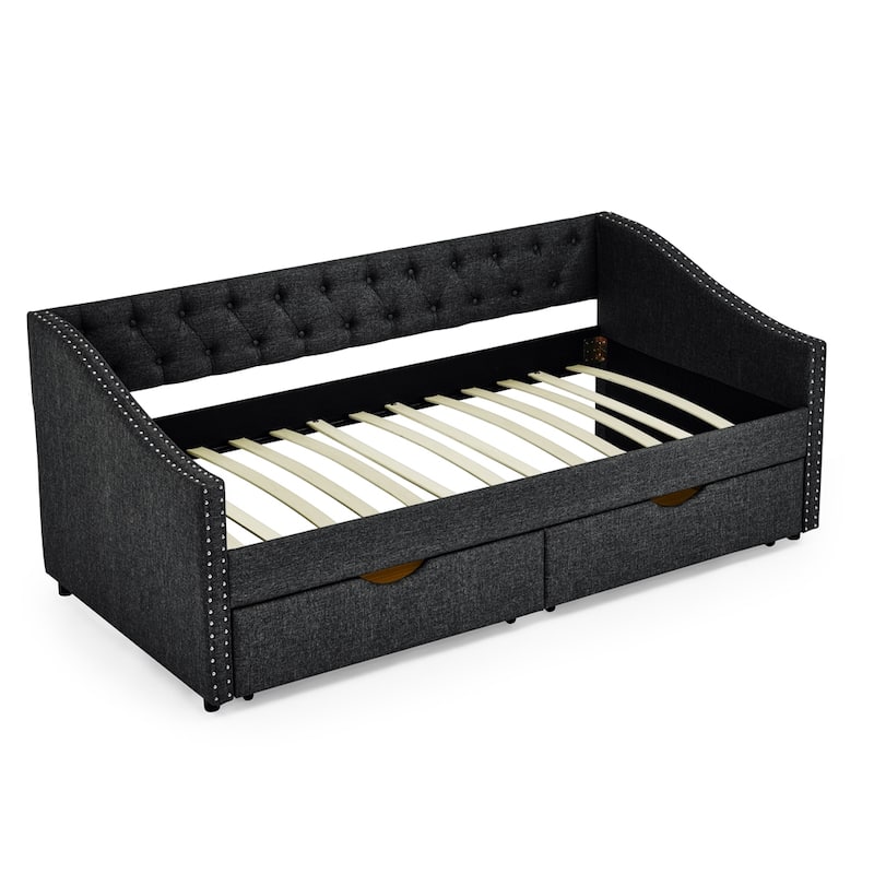 Twin Size Upholstered Tufted Daybed with Drawers and Copper Nail