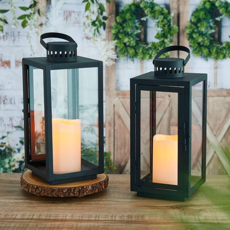 Elements Set of 2 Black Rectangular Metal Lanterns, 12 Inch