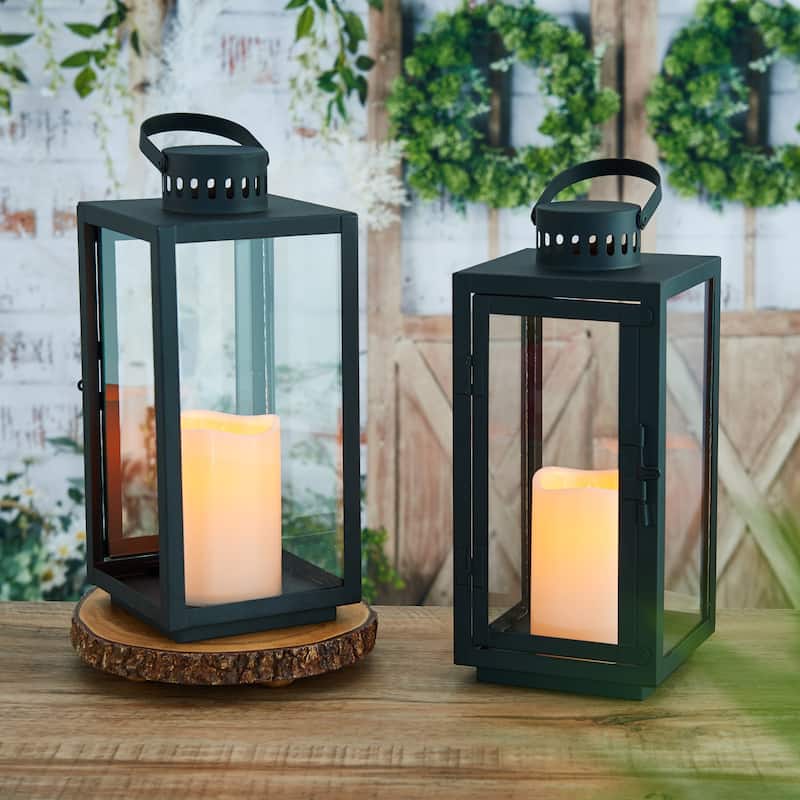 Elements Set of 2 Black Traditional Metal Lanterns, 12 Inch