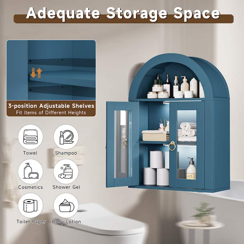 Wall Mounted Arched Cabinet with Glass Doors, Light and Adjustable Shelves for Laundry Room, Bathroom, Kitchen