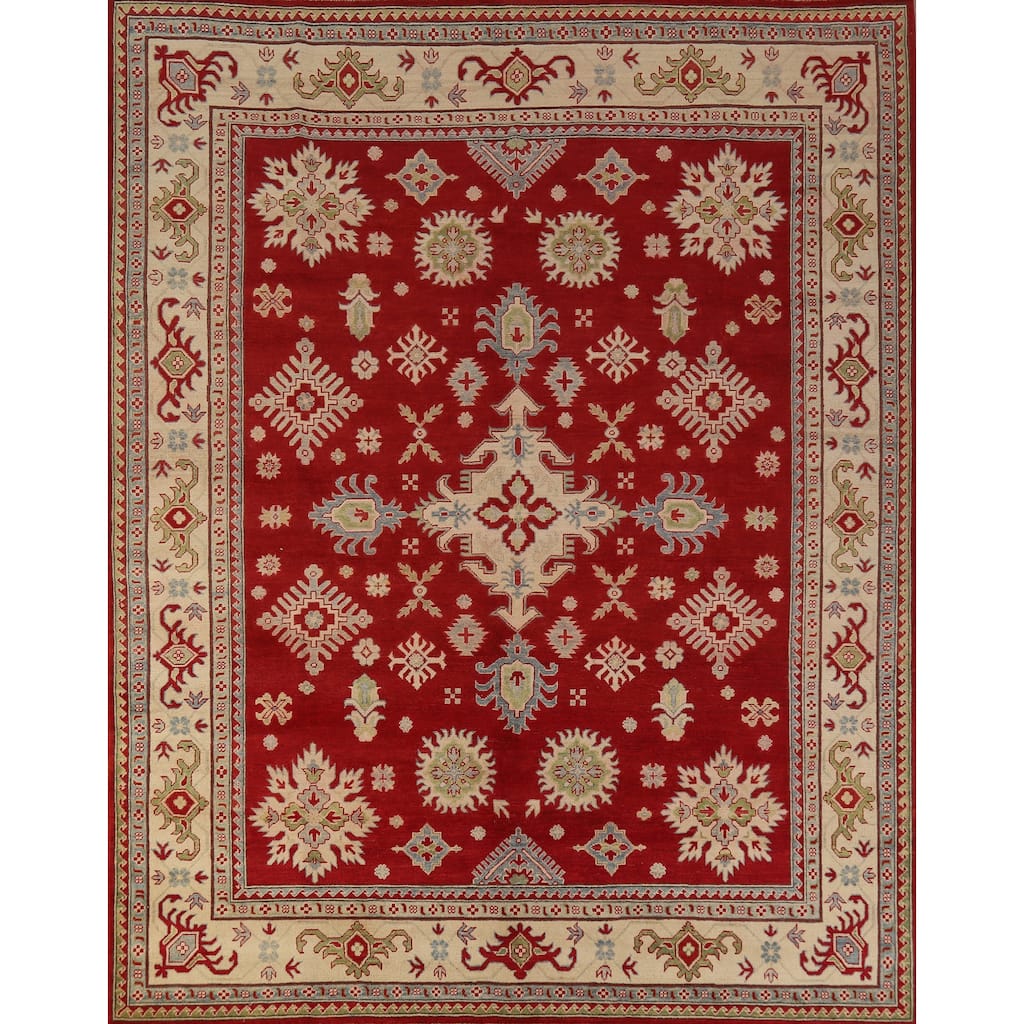 Hand Knotted Oriental 100% Wool Carpet Traditional Geometric Red Kazak Area Rug - 9' 3'' X 8' 5''