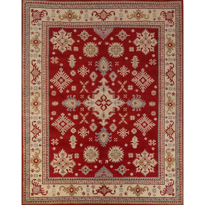 Hand Knotted Oriental 100% Wool Carpet Traditional Geometric Red Kazak Area Rug - 9' 3'' X 8' 5''