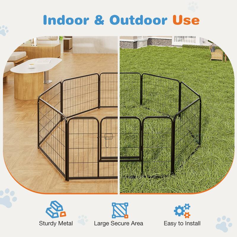 8 Panel Foldable Dog Playpen, Heavy Duty Double Door Pet Exercise Pen, Indoor Outdoor Puppy Fence with Anti-Slip Base