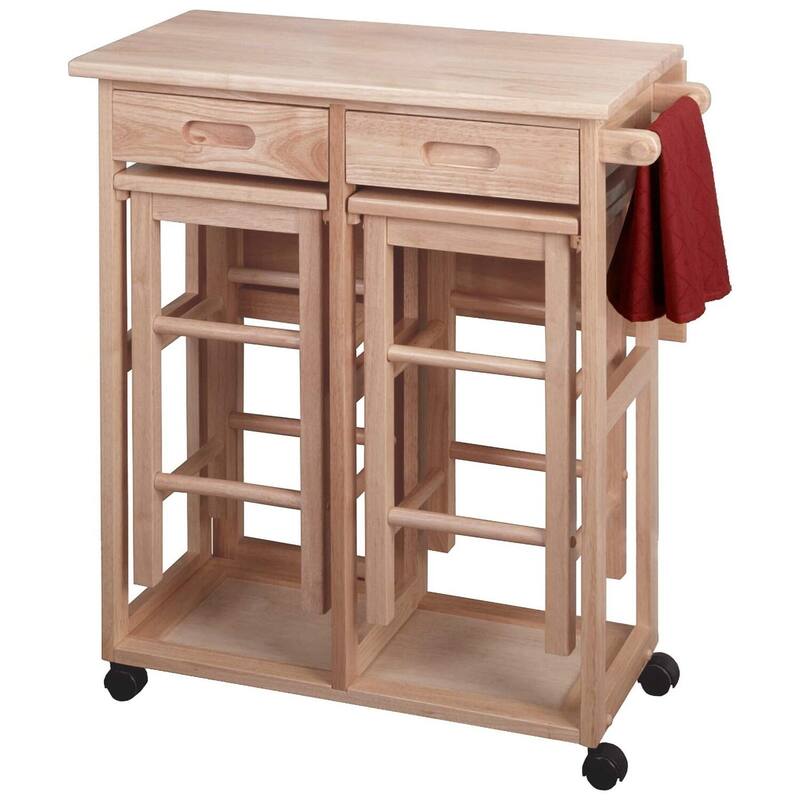 Drop Leaf Table with Stools - Kitchen Cart on Wheels - Modern Dining Table Set - Compact Bistro Table